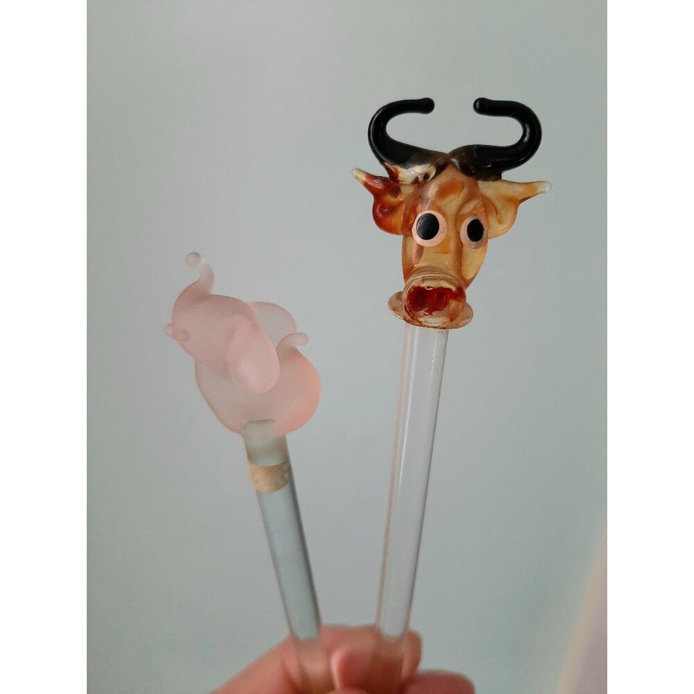 Vtg Blown Art Glass Taurus Bull & Pink Elephant Animal Drink Mixing Swizzle Stic